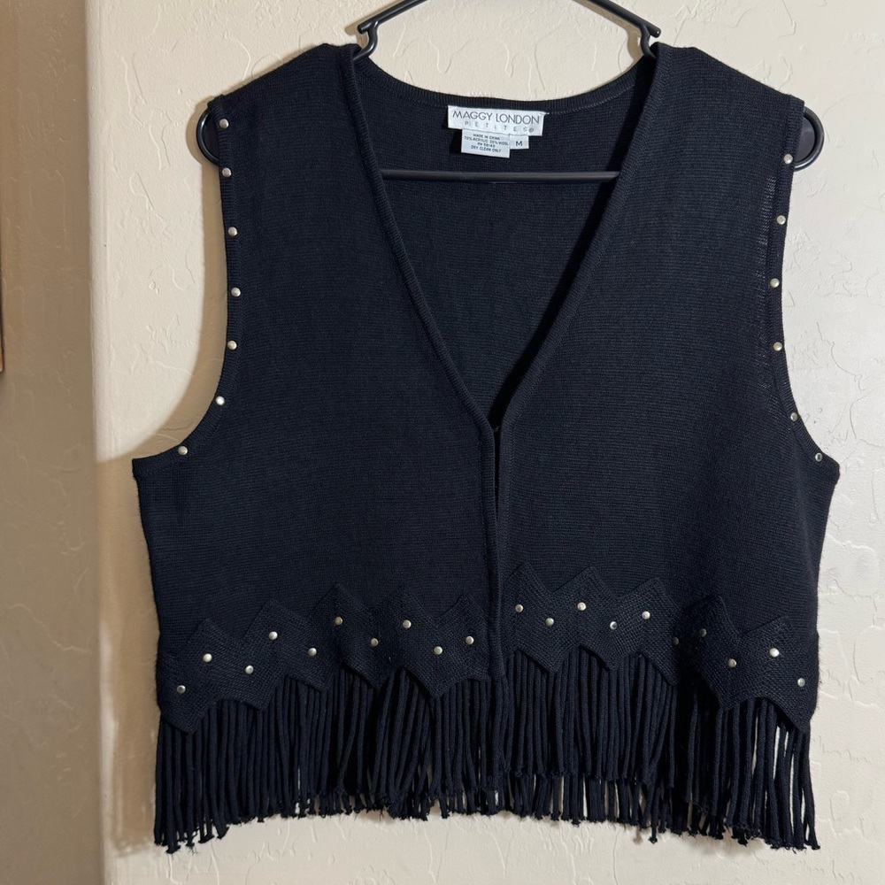 Maggy London Petites Black Fringe Studded Sweater Vest Western Boho Size M